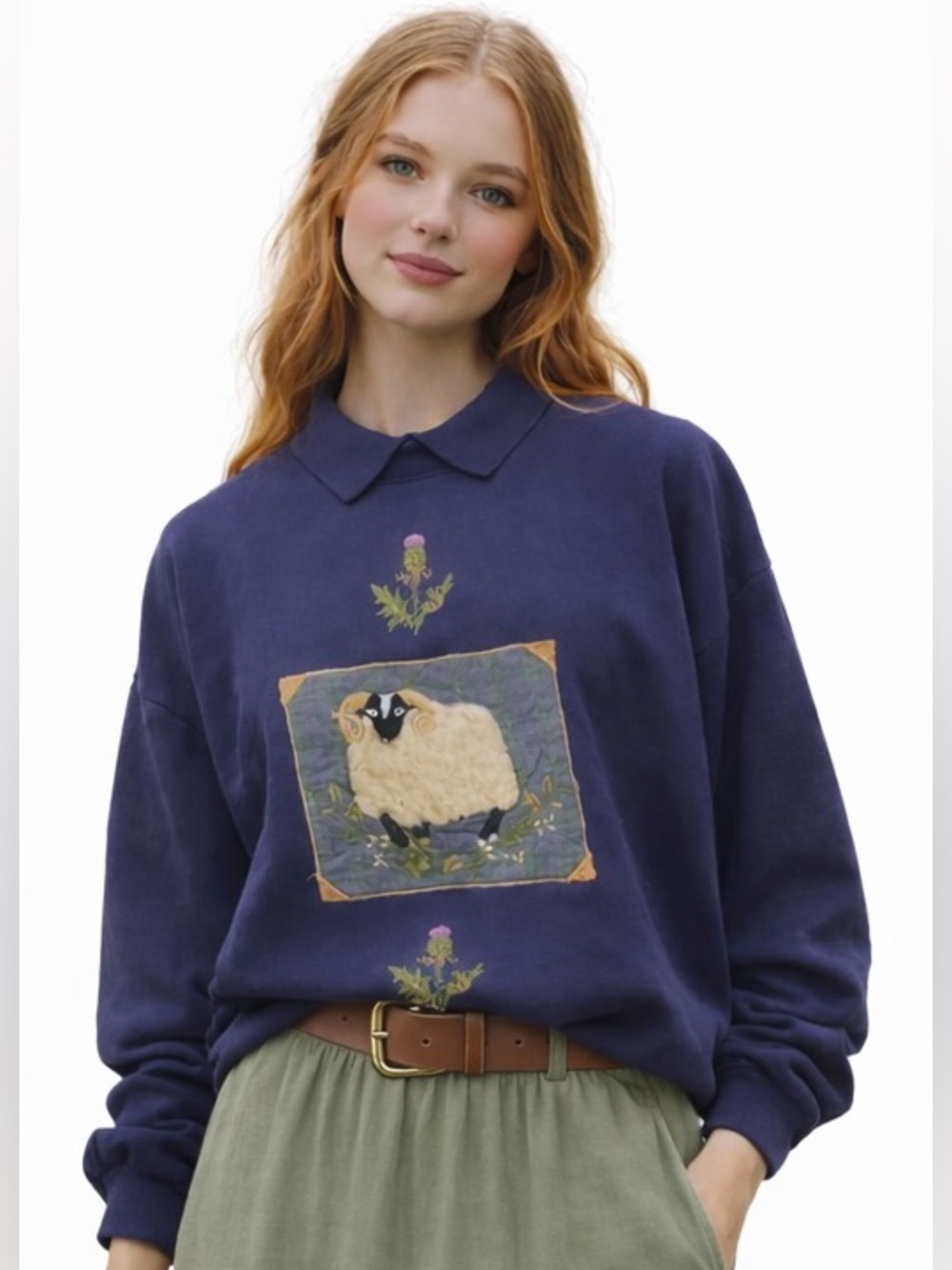Vintage Sheep Embroidered Collared Sweater UK Made Cottagecore Grandmacore‎
